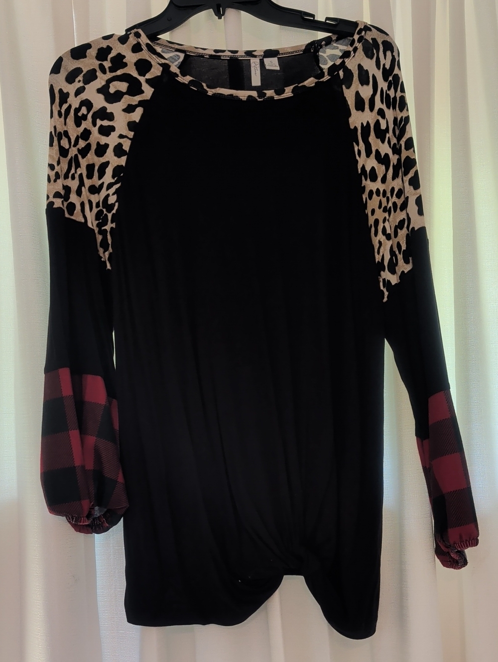 Fall/Christmas Black Tunic Top with Leopard Yoke and Red Buffalo Plaid Cuffs